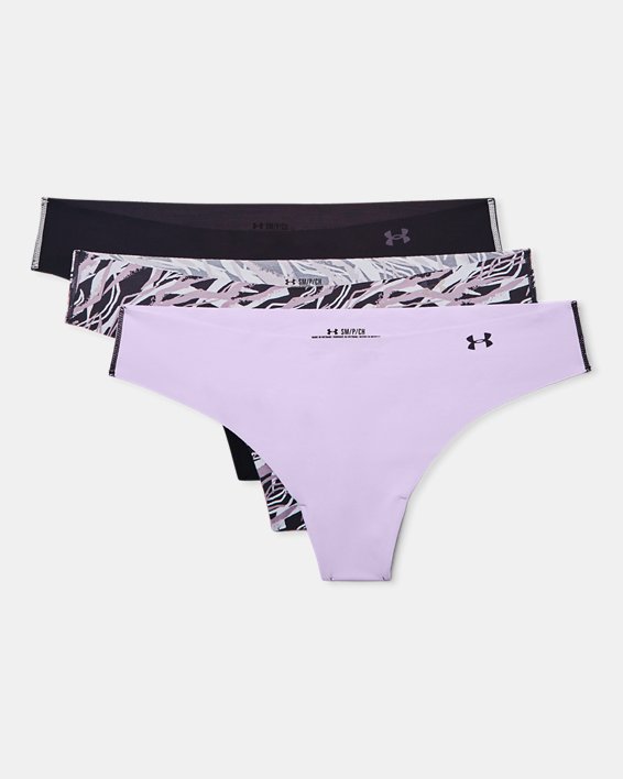 Women's UA Pure Stretch Print Thong 3-Pack Underwear, Purple, pdpMainDesktop image number 3